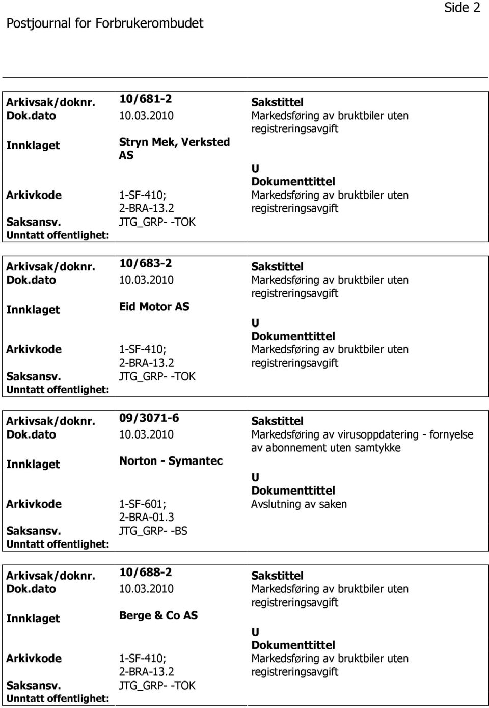 2010 Markedsføring av bruktbiler uten nnklaget Eid Motor AS Markedsføring av bruktbiler uten Arkivsak/doknr. 09/3071-6 Sakstittel Dok.dato 10.03.