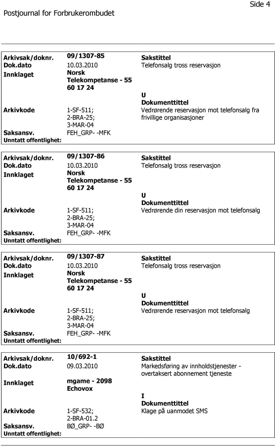 09/1307-86 Sakstittel Dok.dato 10.03.2010 Telefonsalg tross reservasjon nnklaget Norsk Telekompetanse - 55 60 17 24 1-SF-511; Vedrørende din reservasjon mot telefonsalg FEH_GRP- -MFK Arkivsak/doknr.