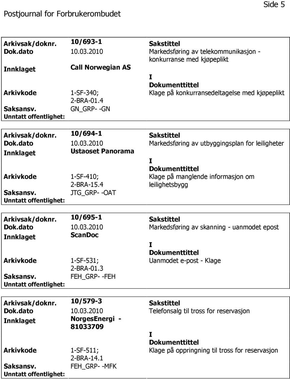 4 Klage på manglende informasjon om leilighetsbygg JTG_GRP- -OAT Arkivsak/doknr. 10/695-1 Sakstittel Dok.dato 10.03.2010 Markedsføring av skanning - uanmodet epost nnklaget ScanDoc 1-SF-531; 2-BRA-01.