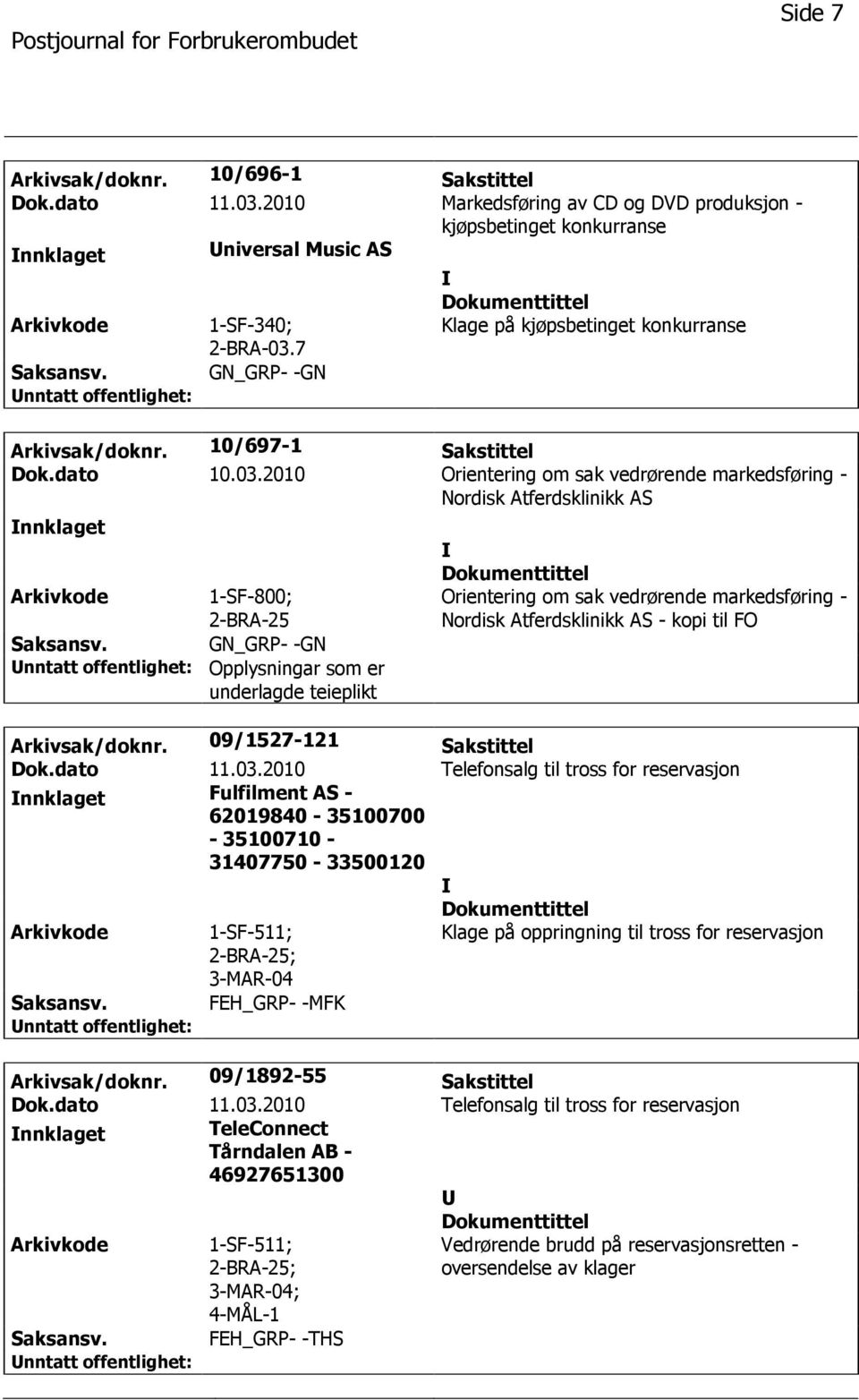 2010 Orientering om sak vedrørende markedsføring - Nordisk Atferdsklinikk AS nnklaget 1-SF-800; 2-BRA-25 GN_GRP- -GN Opplysningar som er underlagde teieplikt Orientering om sak vedrørende