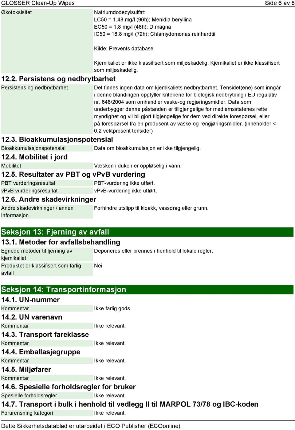 Tensidet(ene) som inngår i denne blandingen oppfyller kriteriene for biologisk nedbrytning i EU regulativ nr. 648/2004 som omhandler vaske-og regjøringsmidler.