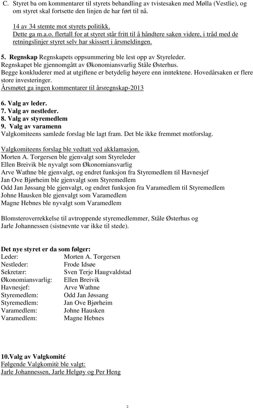 Hovedårsaken er flere store investeringer. Årsmøtet ga ingen kommentarer til årsregnskap-2013 6. Valg av leder. 7. Valg av nestleder. 8. Valg av styremedlem 9.