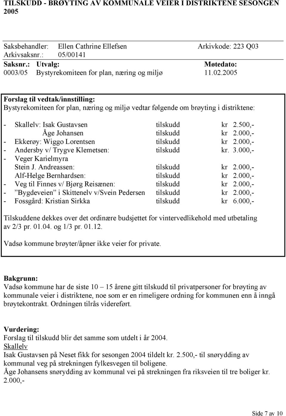 2005 Forslag til vedtak/innstilling: Bystyrekomiteen for plan, næring og miljø vedtar følgende om brøyting i distriktene: - Skallelv: Isak Gustavsen tilskudd kr 2.500,- Åge Johansen tilskudd kr 2.