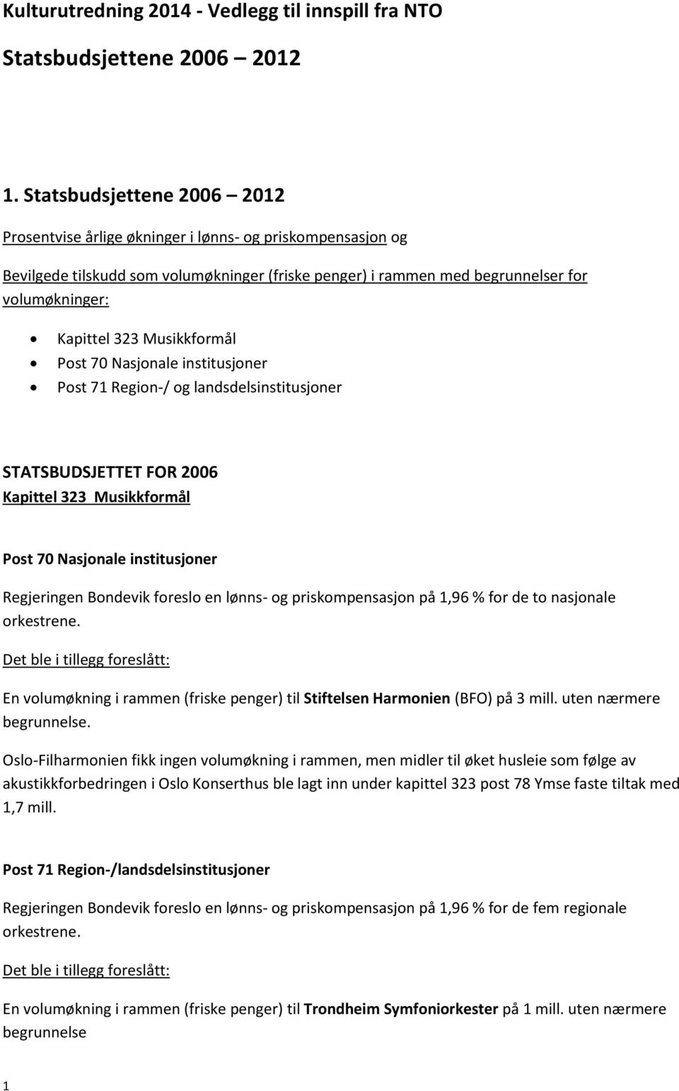 Region-/ og landsdelsinstitusjoner STATSBUDSJETTET FOR 2006 Regjeringen Bondevik foreslo en lønns- og priskompensasjon på 1,96 % for de to nasjonale orkestrene.