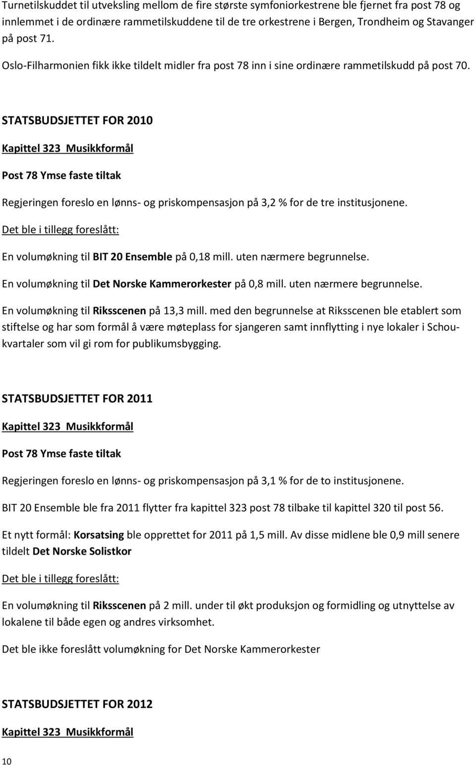 STATSBUDSJETTET FOR 2010 Regjeringen foreslo en lønns- og priskompensasjon på 3,2 % for de tre institusjonene. En volumøkning til BIT 20 Ensemble på 0,18 mill. uten nærmere begrunnelse.