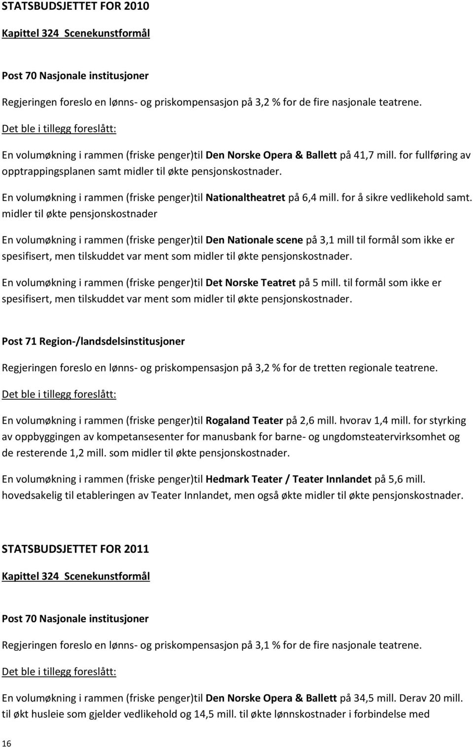 En volumøkning i rammen (friske penger)til Nationaltheatret på 6,4 mill. for å sikre vedlikehold samt.