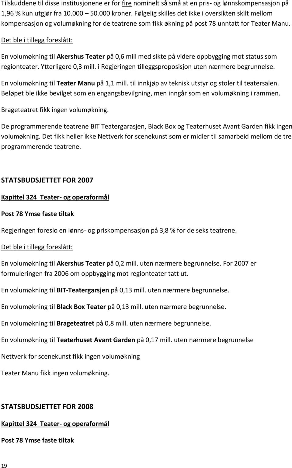 En volumøkning til Akershus Teater på 0,6 mill med sikte på videre oppbygging mot status som regionteater. Ytterligere 0,3 mill. i Regjeringen tilleggsproposisjon uten nærmere begrunnelse.