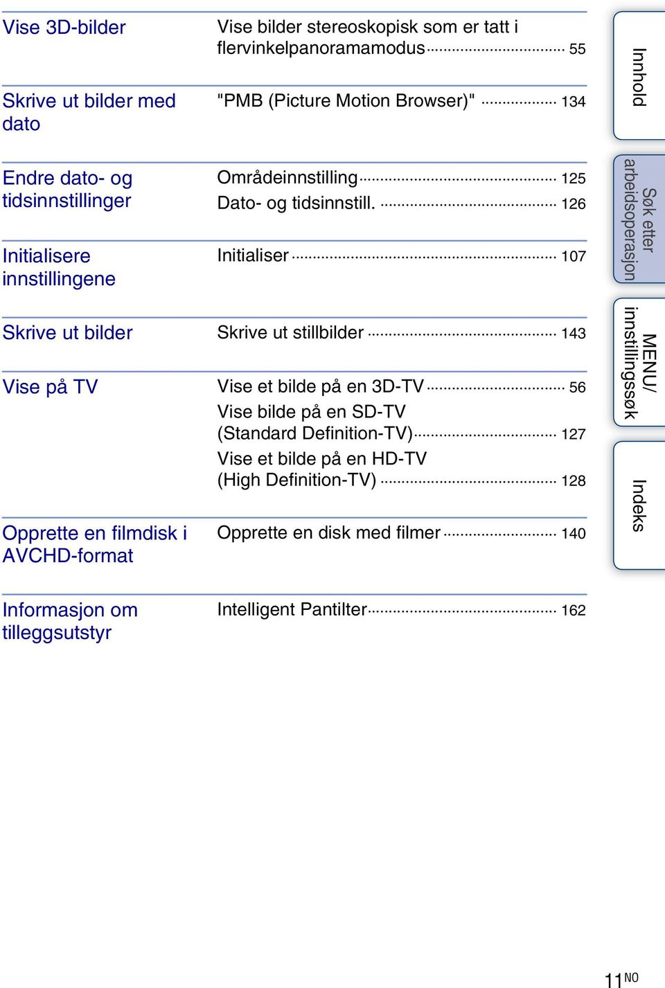 126 Initialiser 107 Skrive ut bilder Skrive ut stillbilder 143 Vise på TV Vise et bilde på en 3D-TV 56 Vise bilde på en SD-TV (Standard