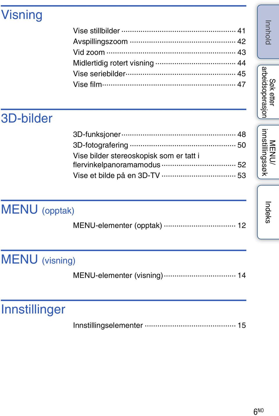 stereoskopisk som er tatt i flervinkelpanoramamodus 52 Vise et bilde på en 3D-TV 53 MENU (opptak)