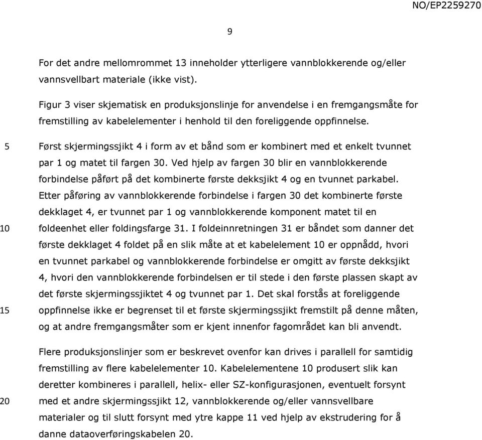 1 Først skjermingssjikt 4 i form av et bånd som er kombinert med et enkelt tvunnet par 1 og matet til fargen.