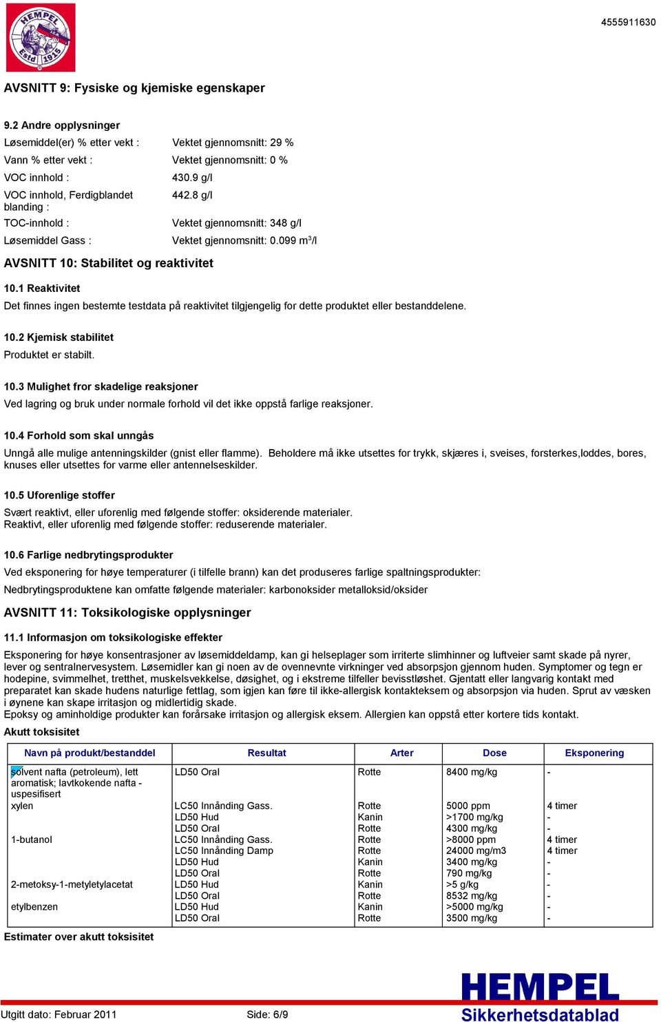 9 g/l 442.8 g/l Vektet gjennomsnitt: 348 g/l Løsemiddel Gass : Vektet gjennomsnitt: 0.099 m 3 /l AVSNITT 10: Stabilitet og reaktivitet 10.