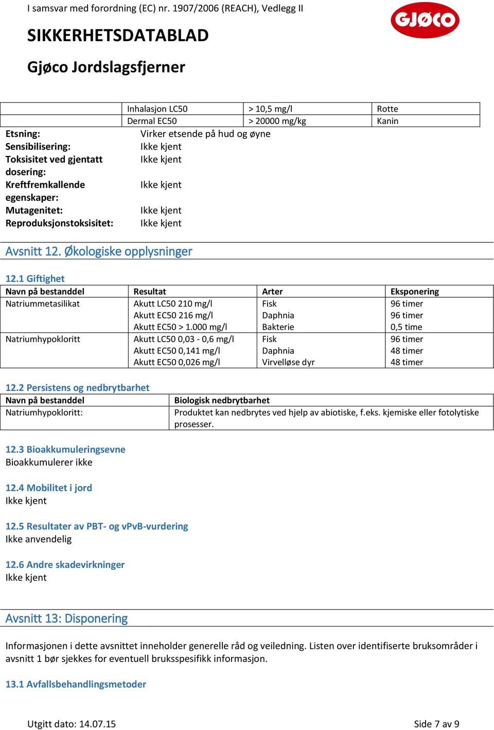 1 Giftighet Navn på bestanddel Resultat Arter Eksponering Natriummetasilikat Akutt LC50 210 mg/l Akutt EC50 216 mg/l Akutt EC50 > 1.