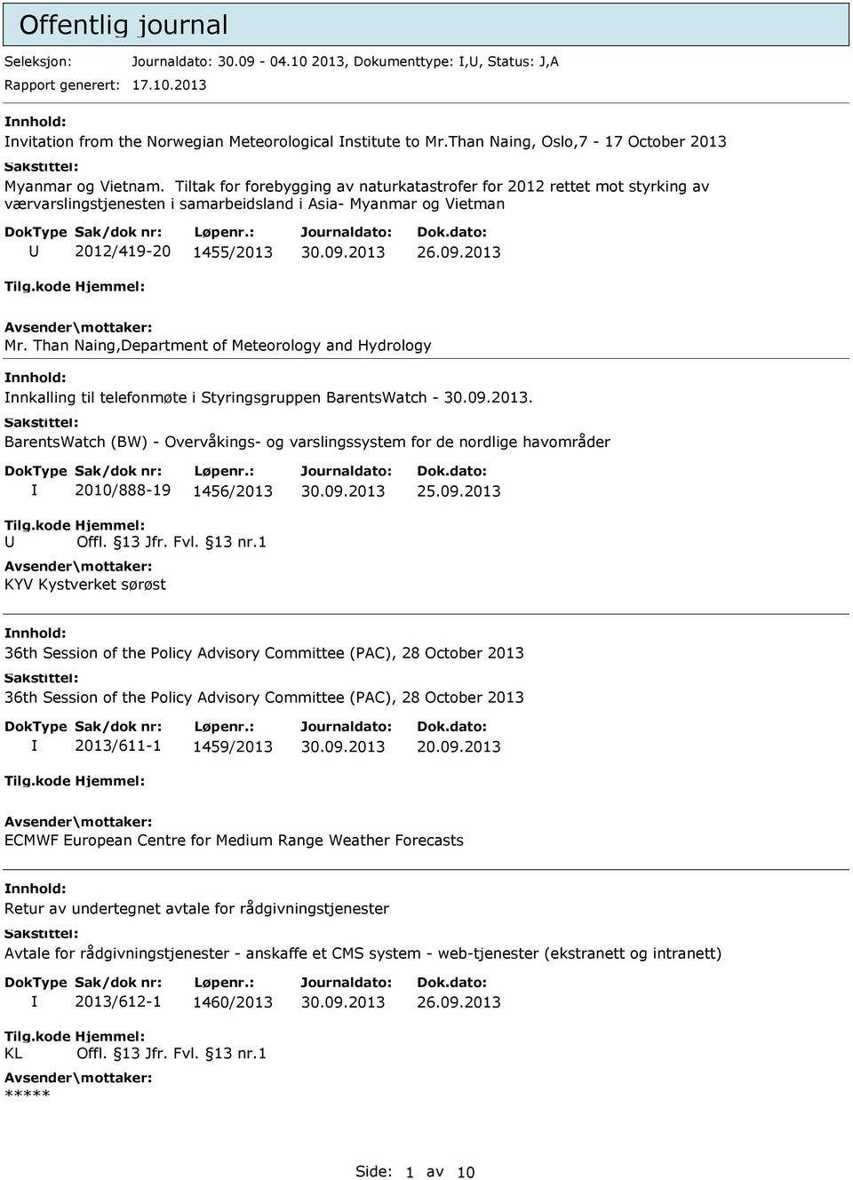 Tiltak for forebygging av naturkatastrofer for 2012 rettet mot styrking av værvarslingstjenesten i samarbeidsland i Asia- Myanmar og Vietman 2012/419-20 1455/2013 26.09.2013 Mr.