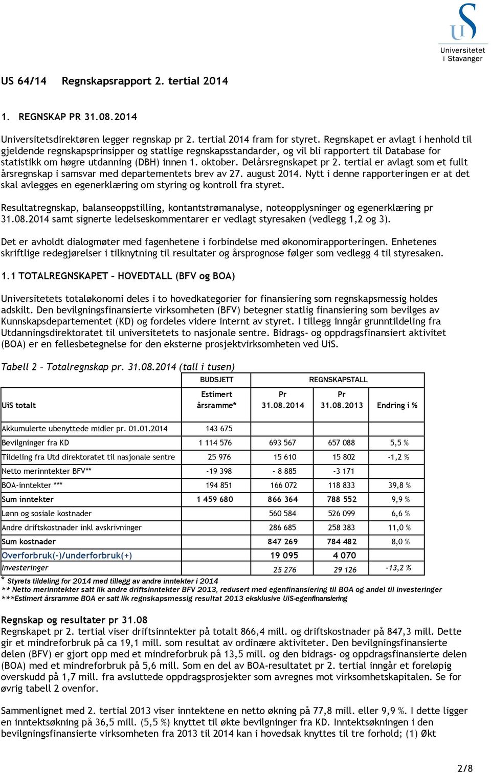 Delårsregnskapet pr 2. tertial er avlagt som et fullt årsregnskap i samsvar med departementets brev av 27. august 2014.