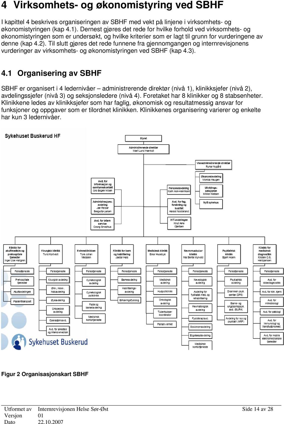 Til slutt gjøres det rede funnene fra gjennomgangen og internrevisjonens vurderinger av virksomhets- og økonomistyringen ved SBHF (kap 4.