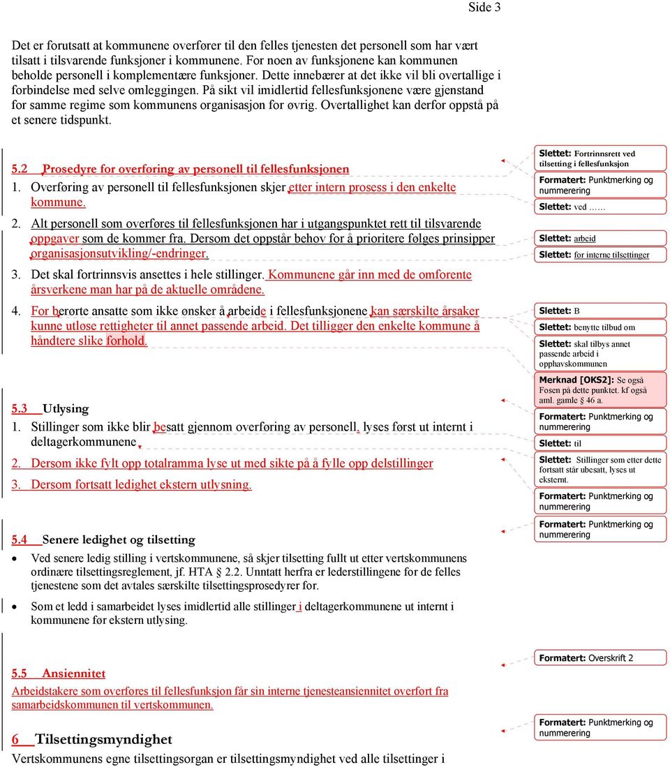 På sikt vil imidlertid fellesfunksjonene være gjenstand for samme regime som kommunens organisasjon for øvrig. Overtallighet kan derfor oppstå på et senere tidspunkt. 5.