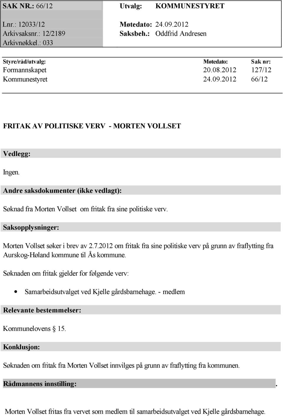 Saksopplysninger: Morten Vollset søker i brev av 2.7.2012 om fritak fra sine politiske verv på grunn av fraflytting fra Aurskog-Høland kommune til Ås kommune.