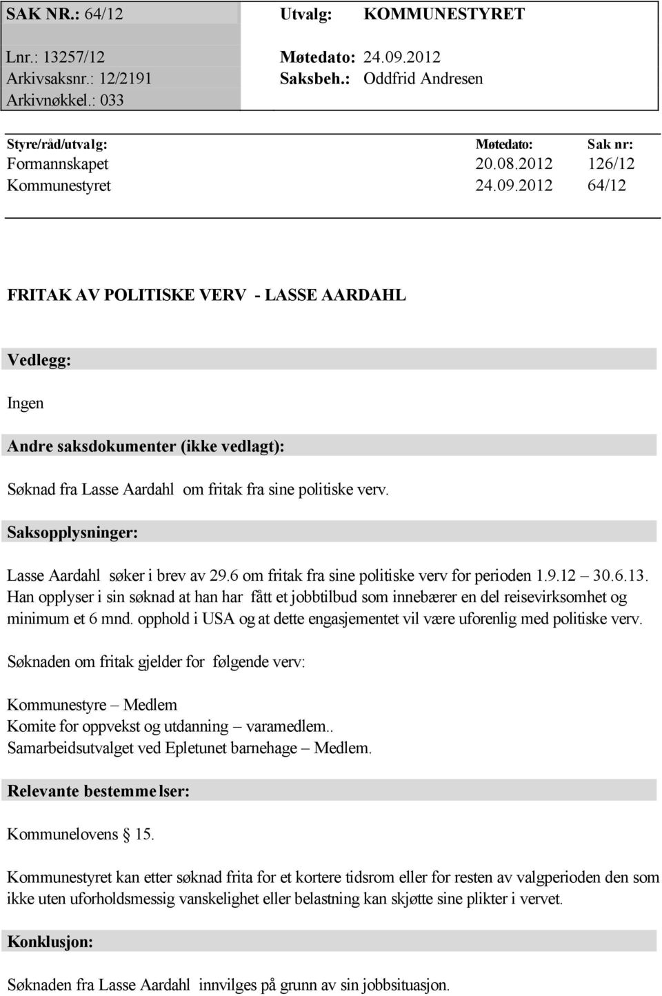 Saksopplysninger: Lasse Aardahl søker i brev av 29.6 om fritak fra sine politiske verv for perioden 1.9.12 30.6.13.