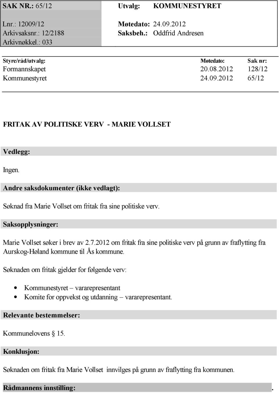 Saksopplysninger: Marie Vollset søker i brev av 2.7.2012 om fritak fra sine politiske verv på grunn av fraflytting fra Aurskog-Høland kommune til Ås kommune.