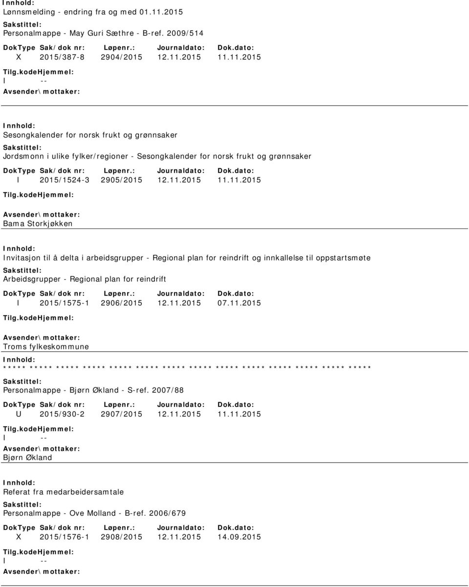 11.2015 07.11.2015 Troms fylkeskommune ***** ***** ***** ***** ***** ***** ***** ***** ***** ***** ***** ***** ***** ***** Personalmappe - Bjørn Økland - S-ref. 2007/88 U 2015/930-2 2907/2015 12.11.2015 11.