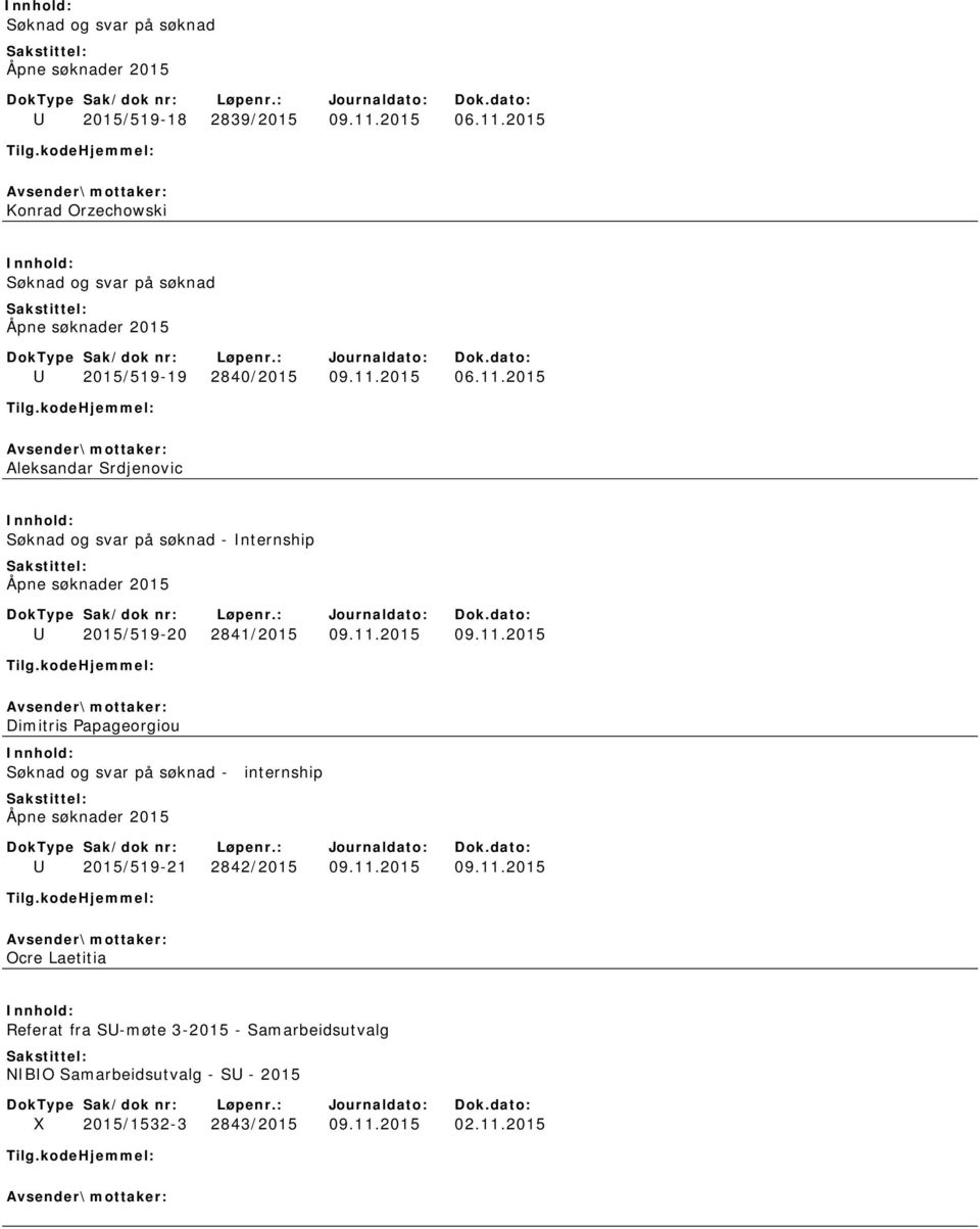 11.2015 09.11.2015 Dimitris Papageorgiou Søknad og svar på søknad - internship U 2015/519-21 2842/2015 09.11.2015 09.11.2015