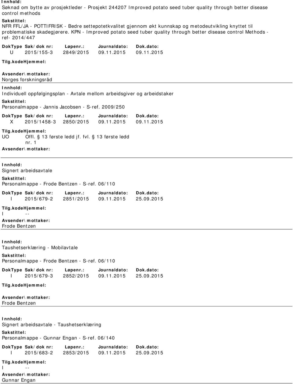 2015 09.11.2015 Norges forskningsråd Individuell oppfølgingsplan - Avtale mellom arbeidsgiver og arbeidstaker Personalmappe - Jannis Jacobsen - S-ref. 2009/250 X 2015/1458-3 2850/2015 09.11.2015 09.11.2015 UO Offl.