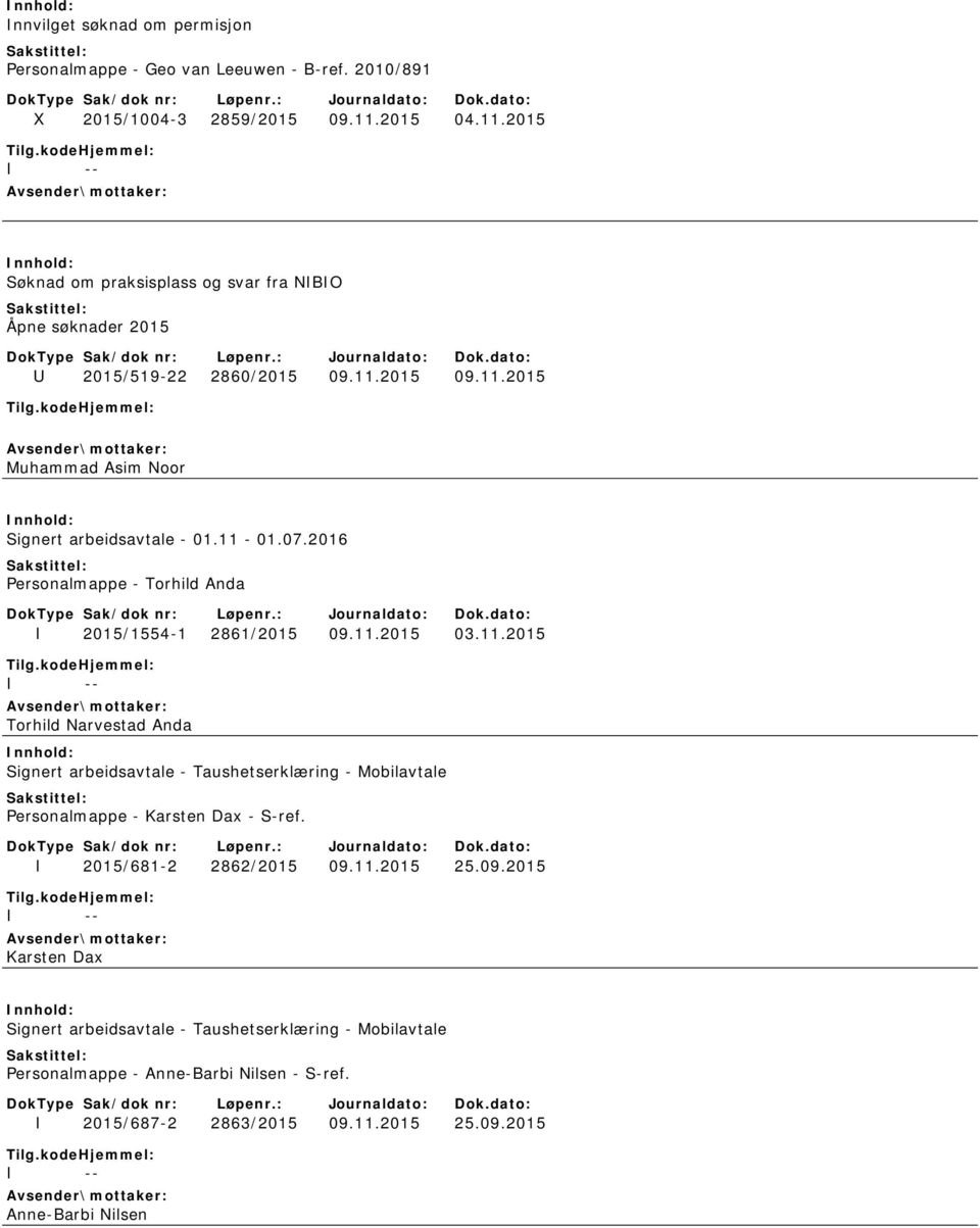 11-01.07.2016 Personalmappe - Torhild Anda I 2015/1554-1 2861/2015 09.11.2015 03.11.2015 Torhild Narvestad Anda Personalmappe - Karsten Dax - S-ref.