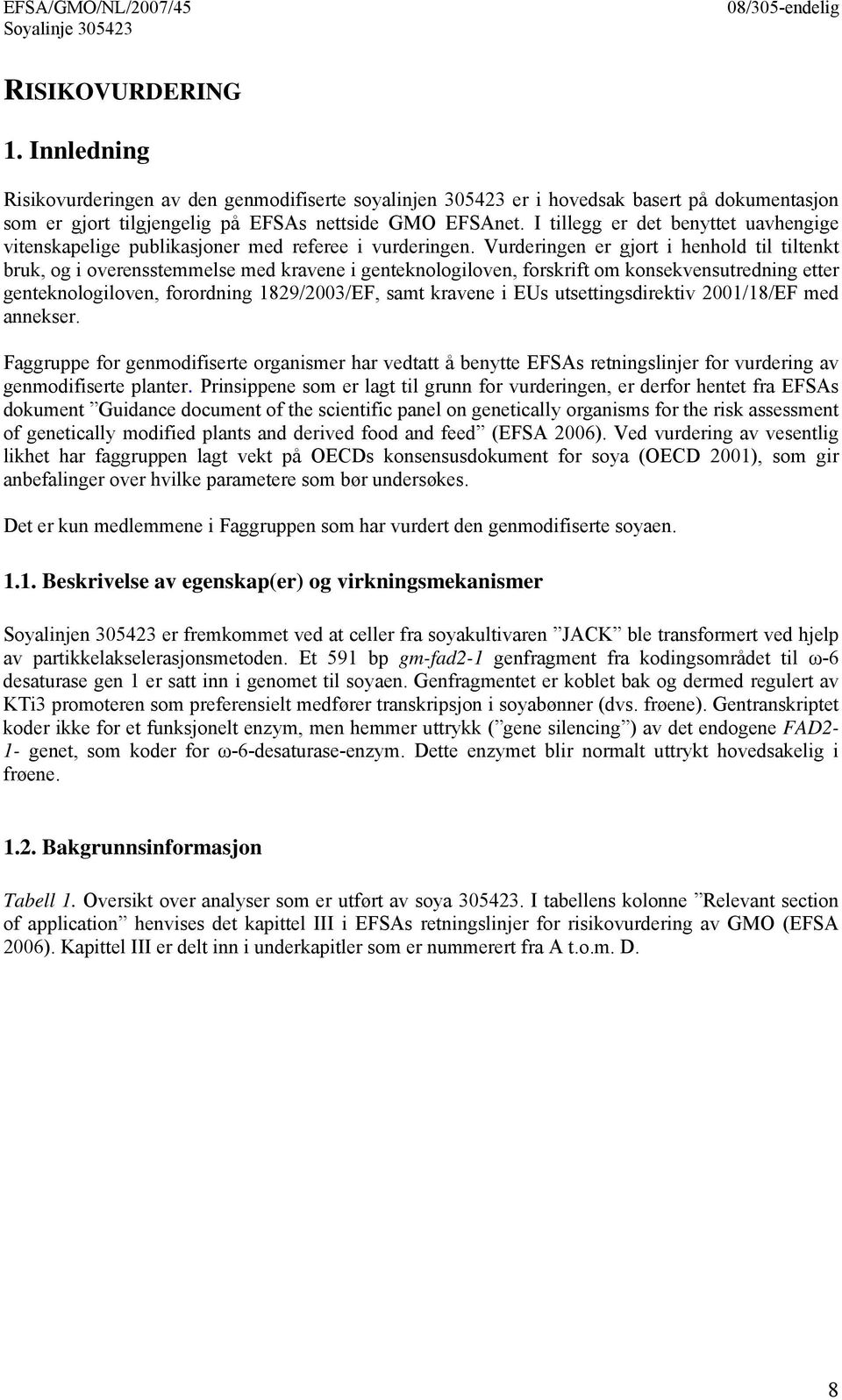 Vurderingen er gjort i henhold til tiltenkt bruk, og i overensstemmelse med kravene i genteknologiloven, forskrift om konsekvensutredning etter genteknologiloven, forordning 1829/2003/EF, samt