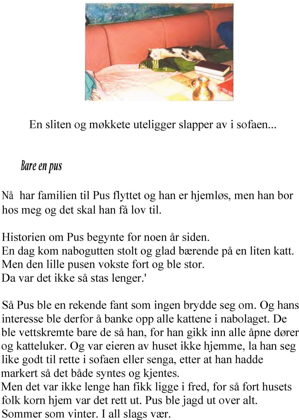 ' Så Pus ble en rekende fant som ingen brydde seg om. Og hans interesse ble derfor å banke opp alle kattene i nabolaget.