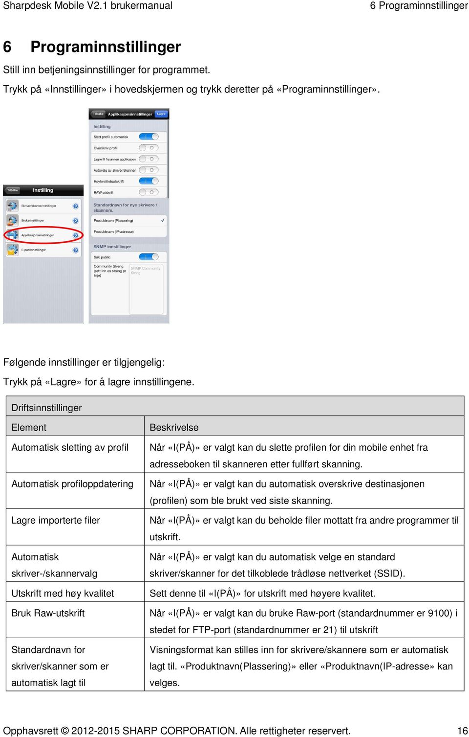 Driftsinnstillinger Element Automatisk sletting av profil Automatisk profiloppdatering Lagre importerte filer Automatisk skriver-/skannervalg Utskrift med høy kvalitet Bruk Raw-utskrift Standardnavn