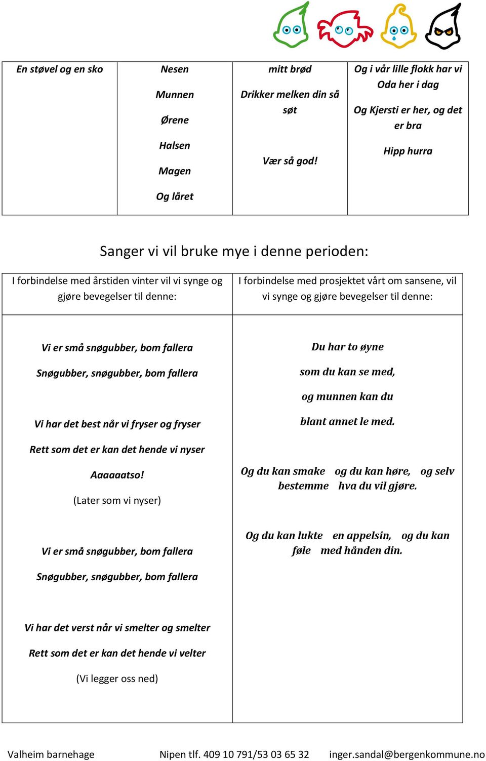 og gjøre bevegelser til denne: Vi er små snøgubber, bom fallera Snøgubber, snøgubber, bom fallera Du har to øyne som du kan se med, og munnen kan du Vi har det best når vi fryser og fryser blant