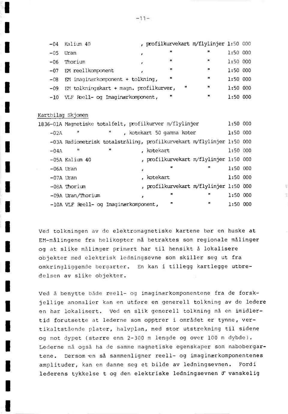 ., 1:50 000-10 VLF Reell-og Imaginærkomponent, fl u 1:50 000 Kartbilag Skomen 1836-01A Yagnetisketotalfelt,profilkurverm/flylinjer 1:50 000-02A ", kotekart50 gamma koter 1:50 000-03A