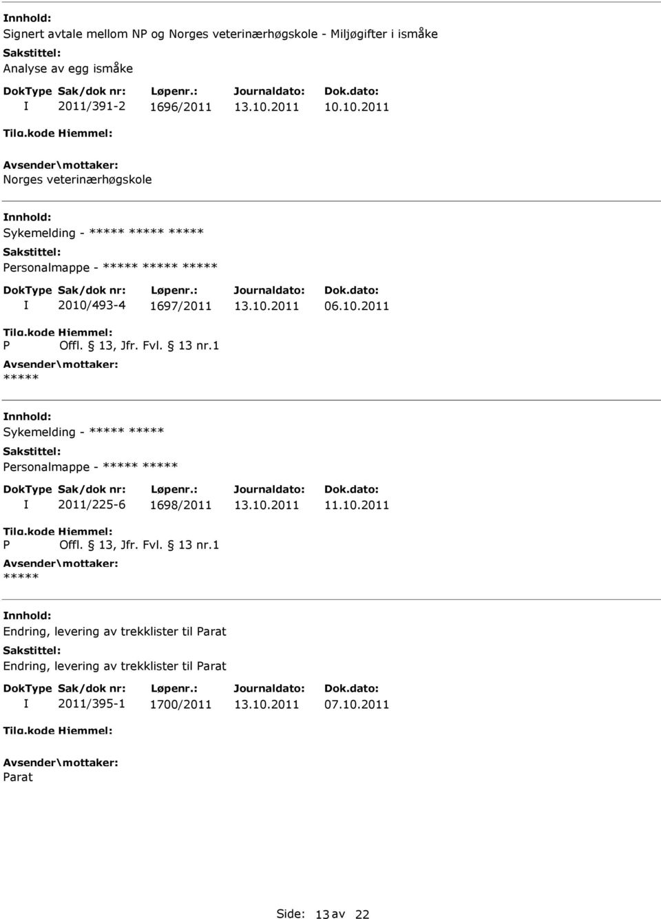 10.2011 Sykemelding - ersonalmappe - 2011/225-6 1698/2011 13.10.2011 Endring, levering av trekklister til