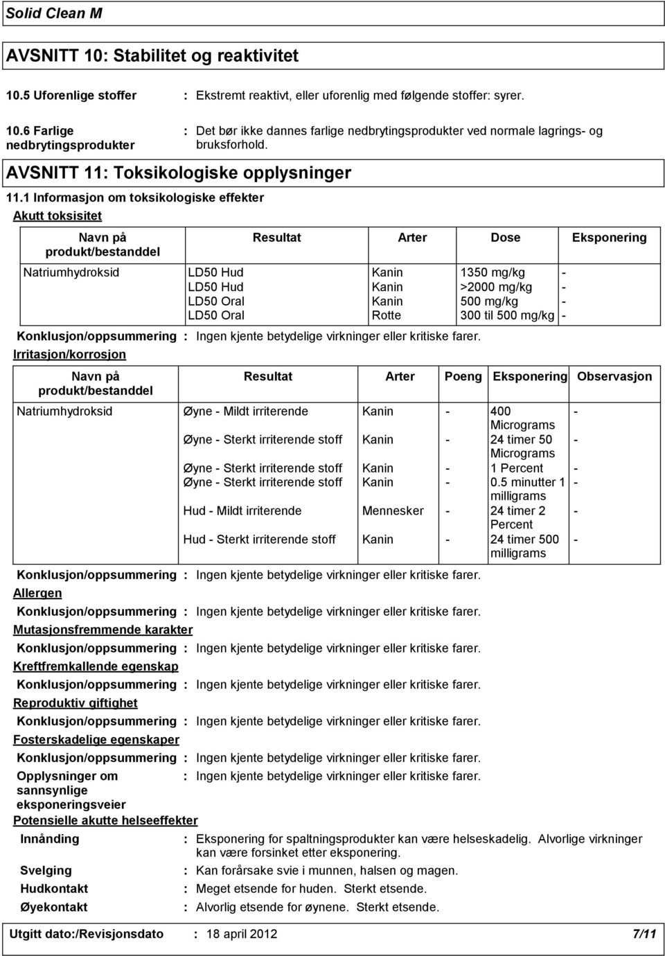 Natriumhydroksid LD50 Hud Kanin 1350 mg/kg - LD50 Hud Kanin >2000 mg/kg - LD50 Oral Kanin 500 mg/kg - LD50 Oral Rotte 300 til 500 mg/kg - Irritasjon/korrosjon Navn på produkt/bestanddel