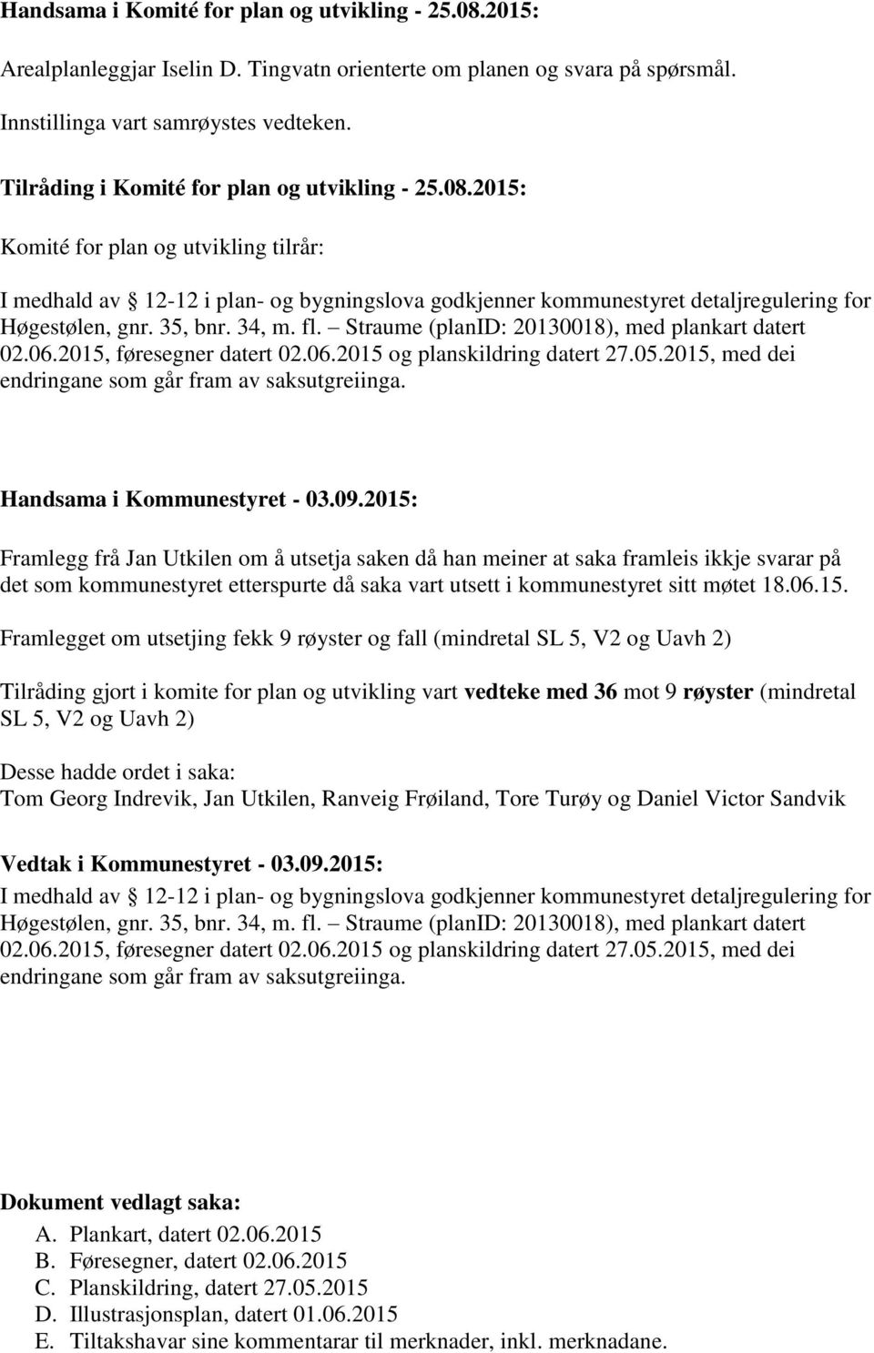 35, bnr. 34, m. fl. Straume (planid: 20130018), med plankart datert 02.06.2015, føresegner datert 02.06.2015 og planskildring datert 27.05.2015, med dei endringane som går fram av saksutgreiinga.