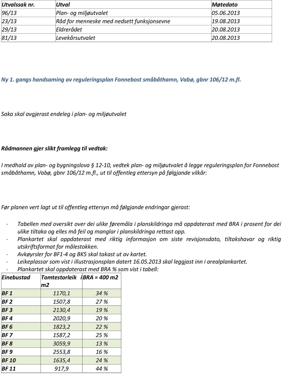 Saka skal avgjerast endeleg i plan og miljøutvalet Rådmannen gjer slikt framlegg til vedtak: I medhald av plan og bygningslova 12 10, vedtek plan og miljøutvalet å legge reguleringsplan for Fonnebost