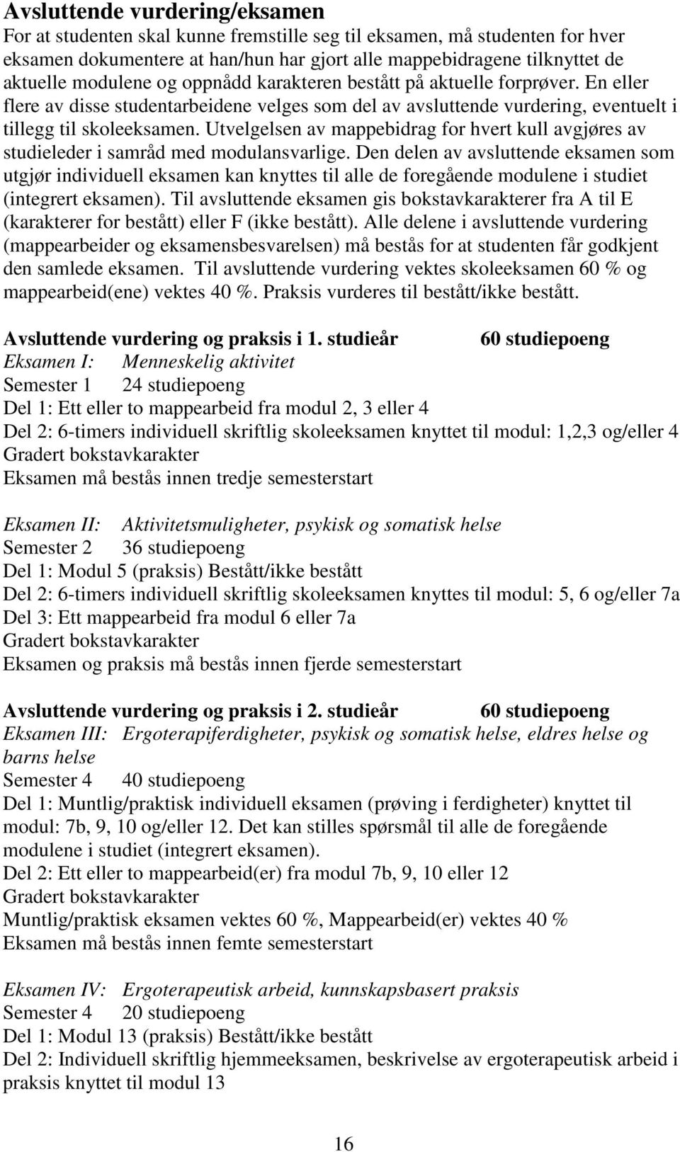 Utvelgelsen av mappebidrag for hvert kull avgjøres av studieleder i samråd med modulansvarlige.