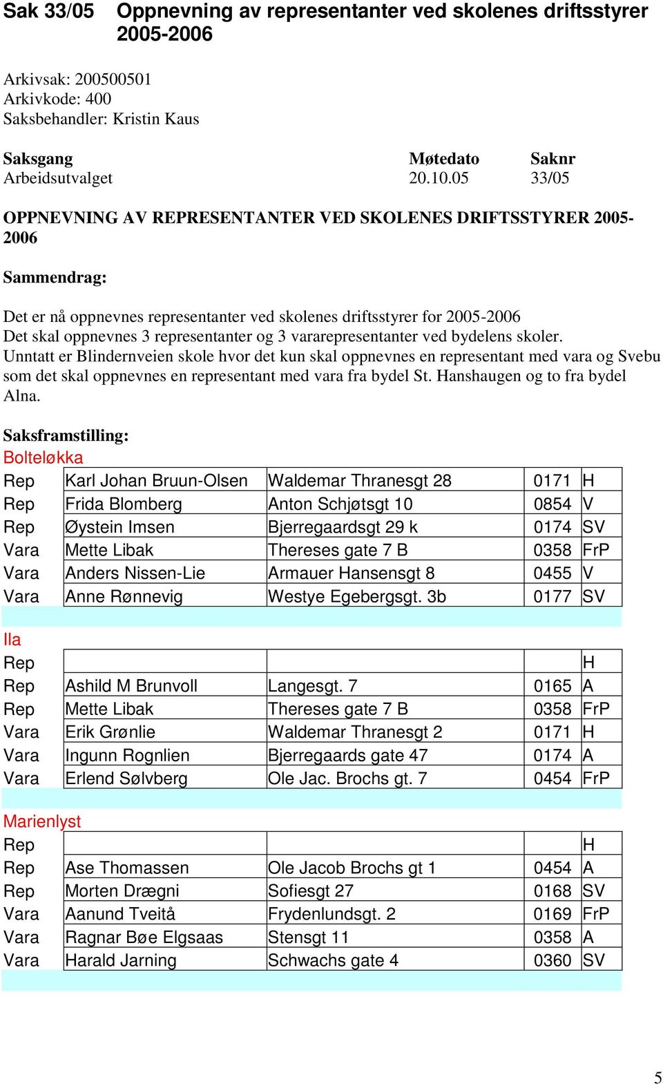 3 vararepresentanter ved bydelens skoler. Unntatt er Blindernveien skole hvor det kun skal oppnevnes en representant med vara og Svebu som det skal oppnevnes en representant med vara fra bydel St.