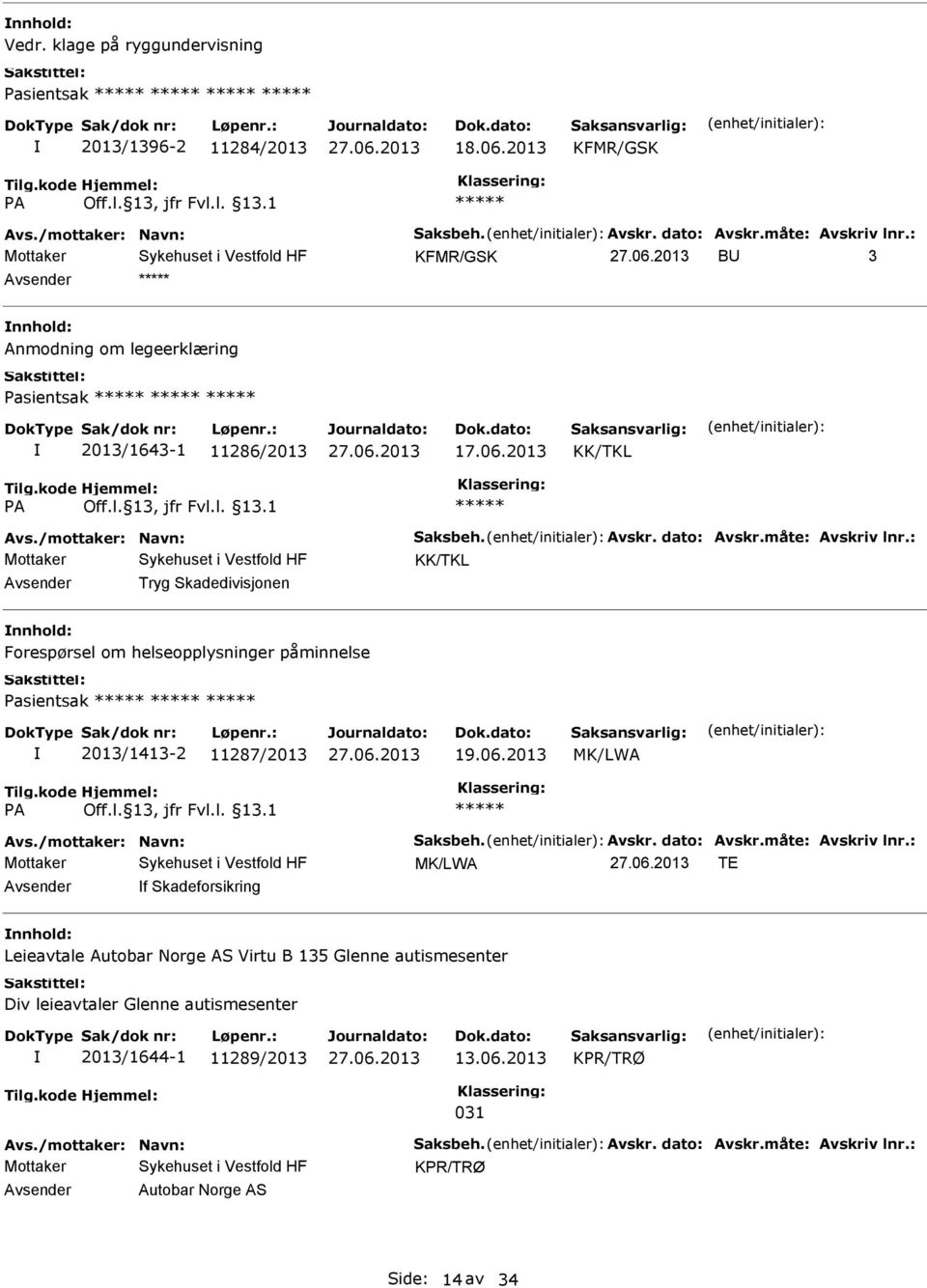 : Tryg Skadedivisjonen Forespørsel om helseopplysninger påminnelse Pasientsak 2013/1413-2 11287/2013 19.06.2013 MK/LWA Avs./mottaker: Navn: Saksbeh. Avskr. dato: Avskr.måte: Avskriv lnr.