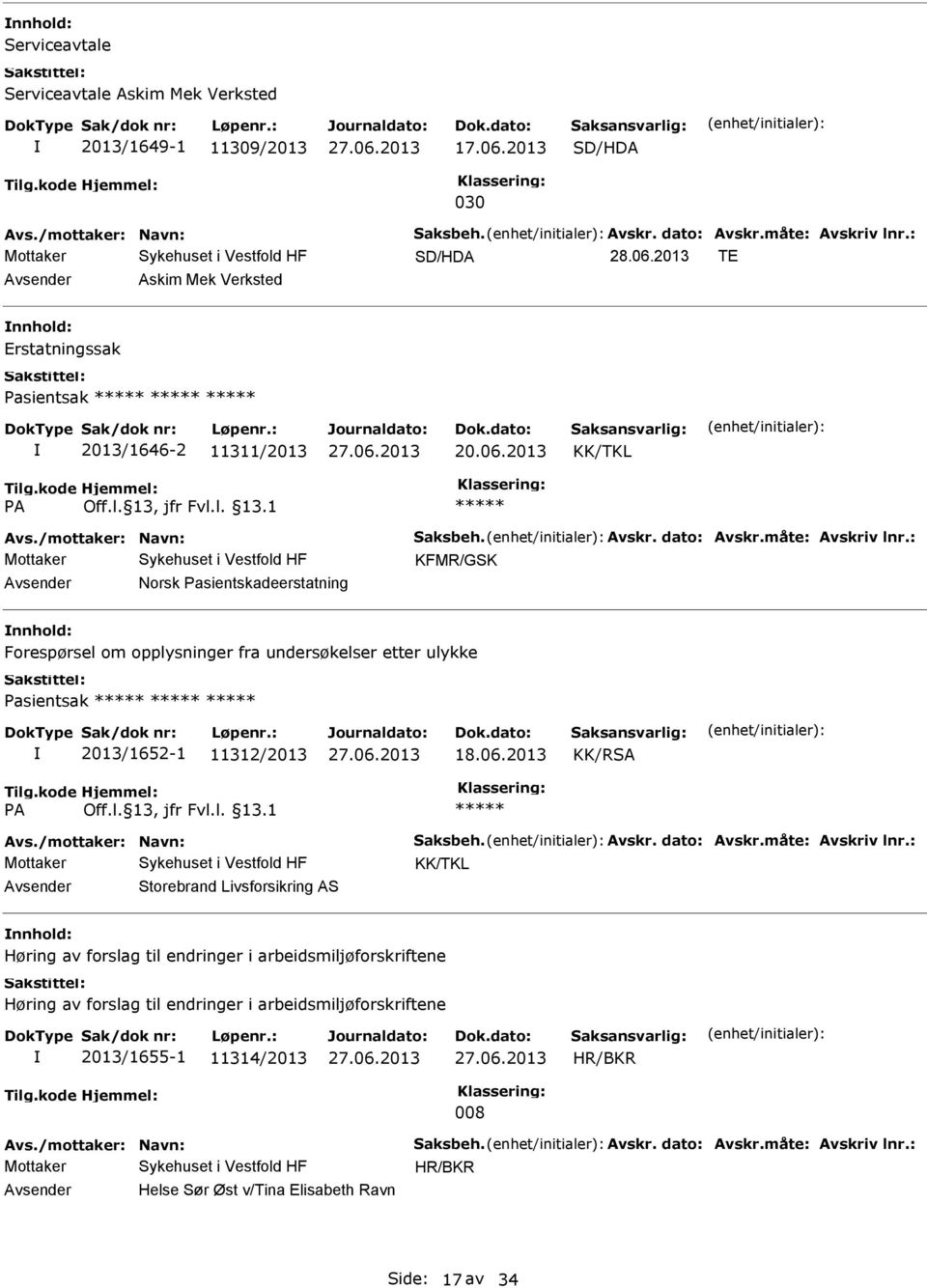 : KFMR/GSK Norsk Pasientskadeerstatning Forespørsel om opplysninger fra undersøkelser etter ulykke Pasientsak 2013/1652-1 11312/2013 18.06.2013 KK/RSA Avs./mottaker: Navn: Saksbeh. Avskr. dato: Avskr.