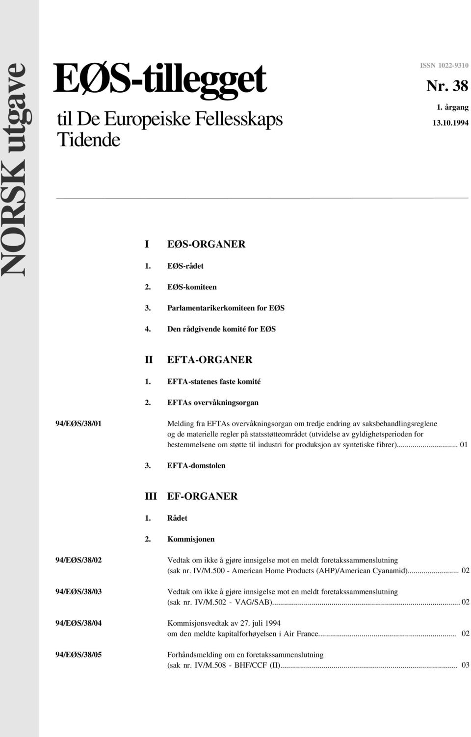 EFTAs overvåkningsorgan 94/EØS/38/01 Melding fra EFTAs overvåkningsorgan om tredje endring av saksbehandlingsreglene og de materielle regler på statsstøtteområdet (utvidelse av gyldighetsperioden for