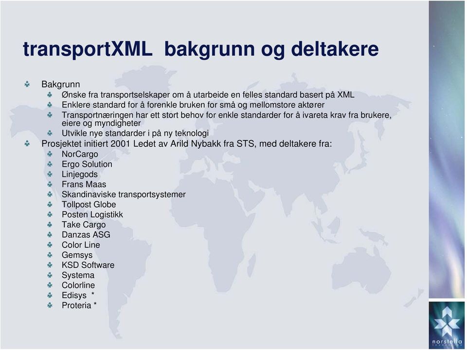 Utvikle nye standarder i på ny teknologi Prosjektet initiert 2001 Ledet av Arild Nybakk fra STS, med deltakere fra: NorCargo Ergo Solution Linjegods Frans