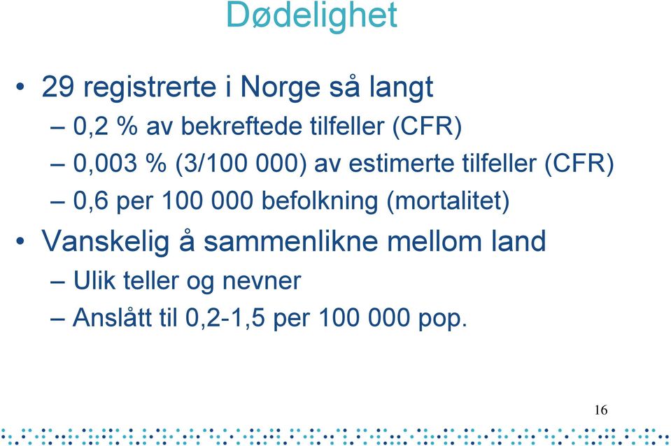 0,6 per 100 000 befolkning (mortalitet) Vanskelig å sammenlikne