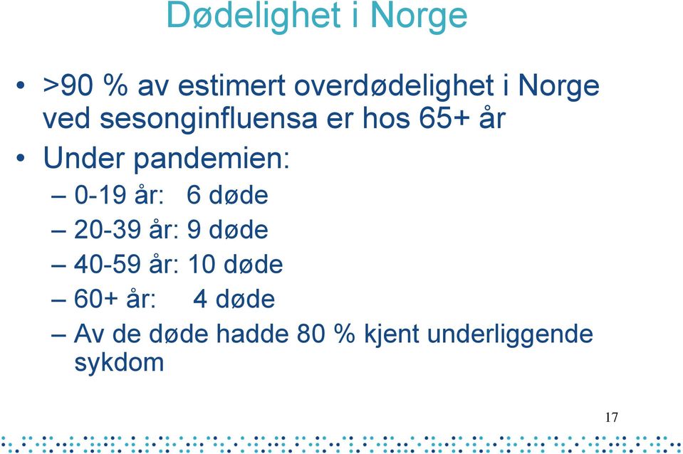 0-19 år: 6 døde 20-39 år: 9 døde 40-59 år: 10 døde 60+