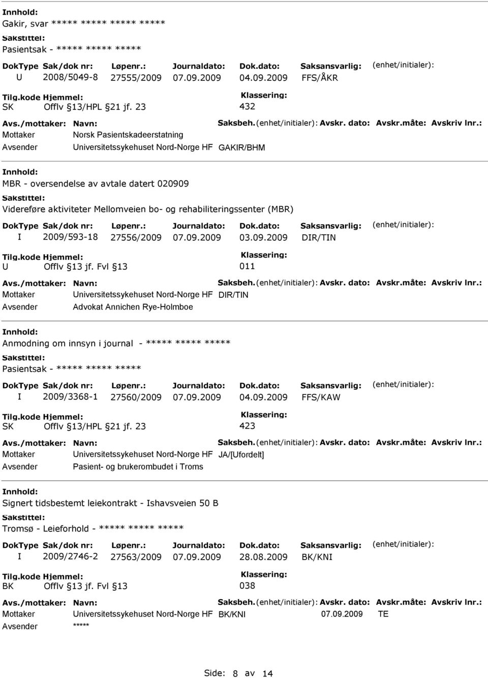 Fvl 13 011 Mottaker niversitetssykehuset Nord-Norge HF DR/TN Advokat Annichen Rye-Holmboe nnhold: Anmodning om innsyn i journal - ***** ***** ***** 2009/3368-1 27560/2009 FFS/KAW Mottaker