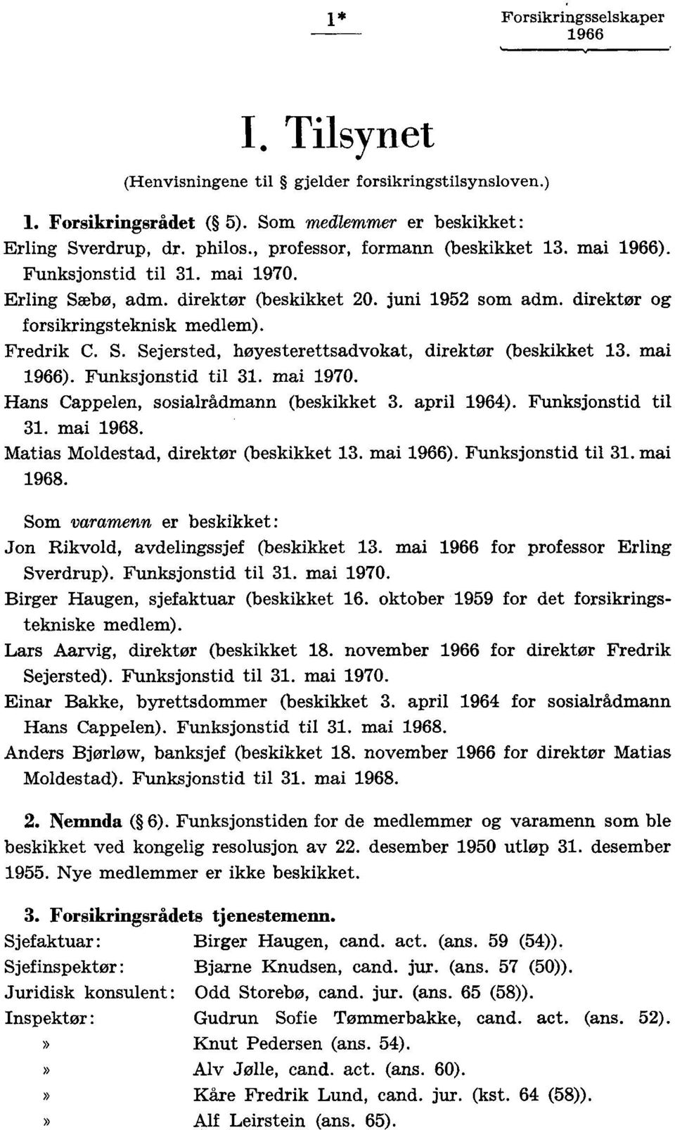mai ). Funksjonstid til 1. mai 1970. Hans Cappelen, sosialrådmann (beskikket. april 194). Funksjonstid til 1. mai 198. Matias Moldestad, direktør (beskikket 1. mai ). Funksjonstid til 1. mai 198. Som varamenn er beskikket: Jon Rikvold, avdelingssjef (beskikket 1.