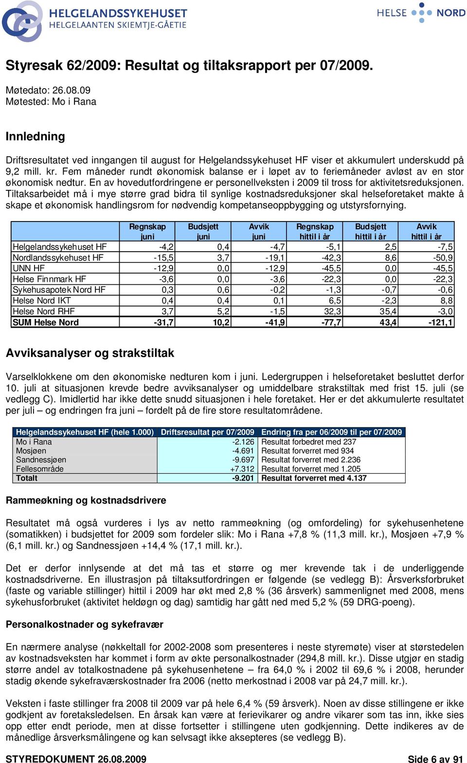 Fem måneder rundt økonomisk balanse er i løpet av to feriemåneder avløst av en stor økonomisk nedtur. En av hovedutfordringene er personellveksten i 2009 til tross for aktivitetsreduksjonen.