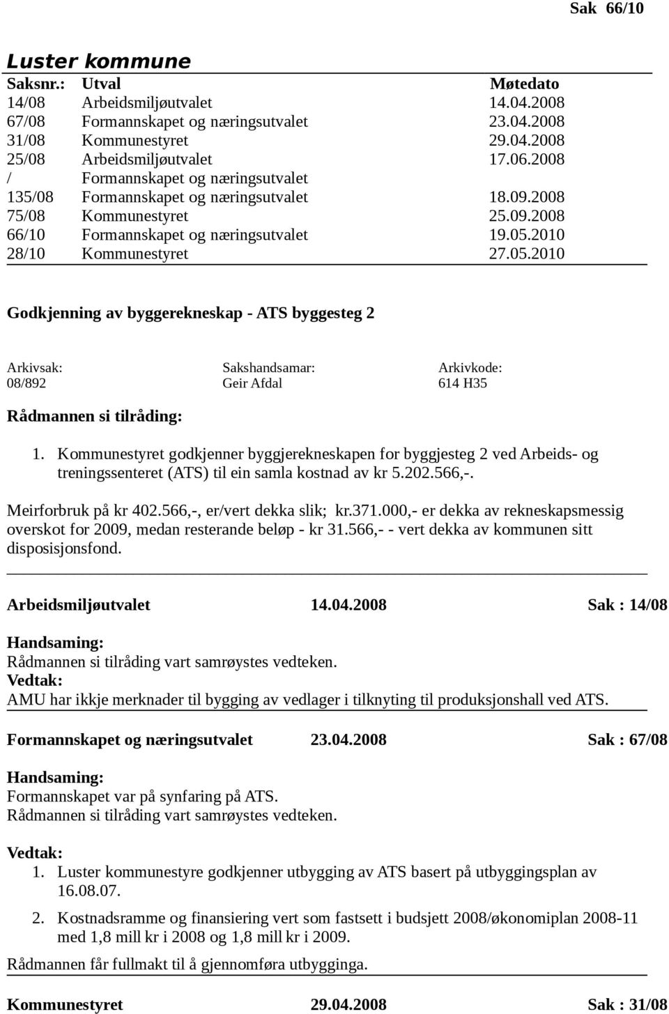 2010 28/10 Kommunestyret 27.05.2010 Godkjenning av byggerekneskap - ATS byggesteg 2 08/892 Geir Afdal 614 H35 1.