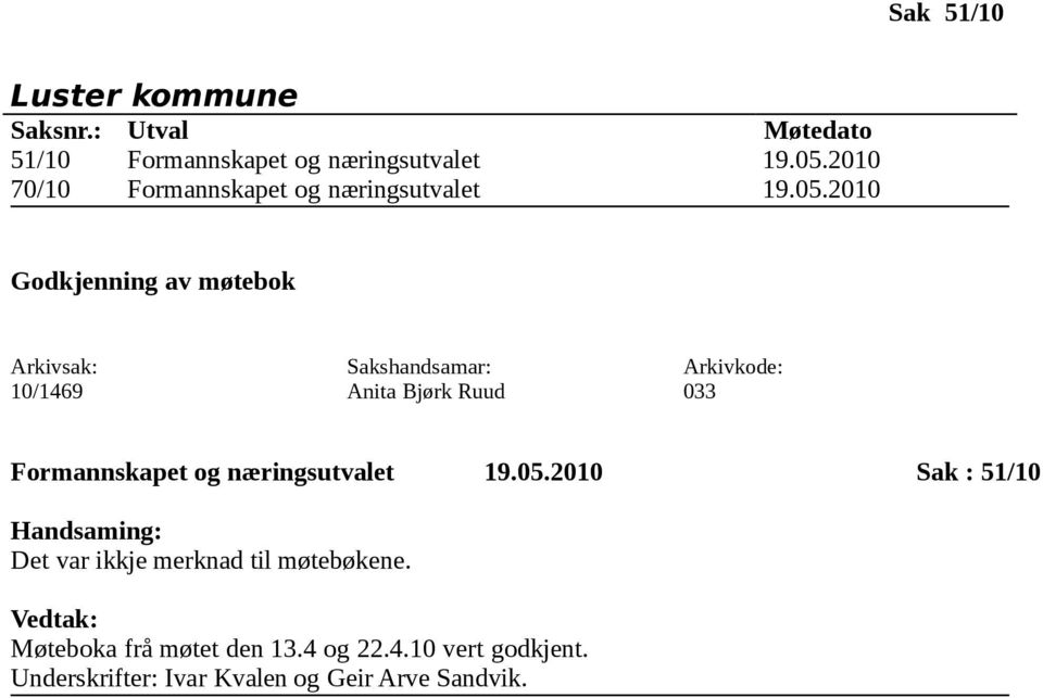 2010 Godkjenning av møtebok 10/1469 Anita Bjørk Ruud 033 Formannskapet og næringsutvalet