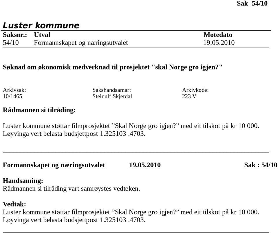 " 10/1465 Steinulf Skjerdal 223 V støttar filmprosjektet Skal Norge gro igjen? med eit tilskot på kr 10 000.